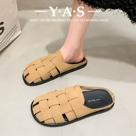 包头半拖鞋2024夏新款外穿编织镂空女穆勒鞋时尚方头复古罗马凉拖商品大图