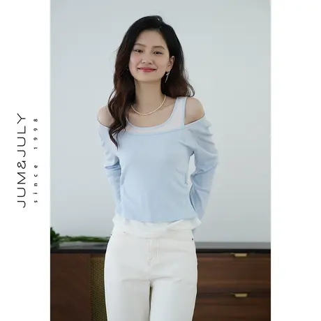 嘉茱莉2024春季新款假两件长袖T恤女士内搭打底衫小个子短款上衣商品大图