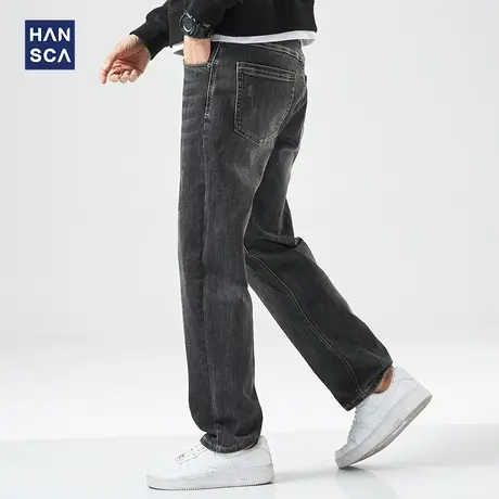 汉斯卡2021秋季新款黑色牛仔裤男大码宽松胖子韩版百搭休闲长裤子商品大图