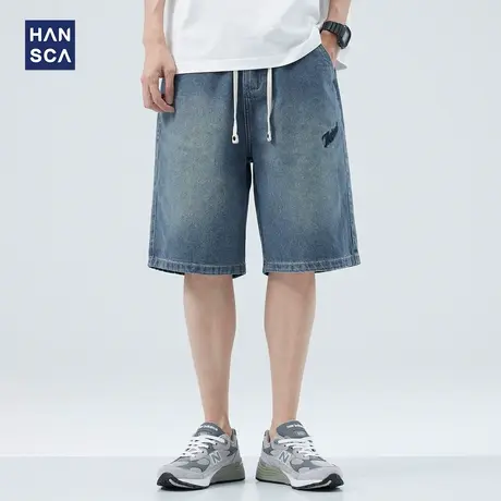 hansca美式复古字母刺绣牛仔短裤男夏季薄款蓝色宽松直筒五分裤子商品大图