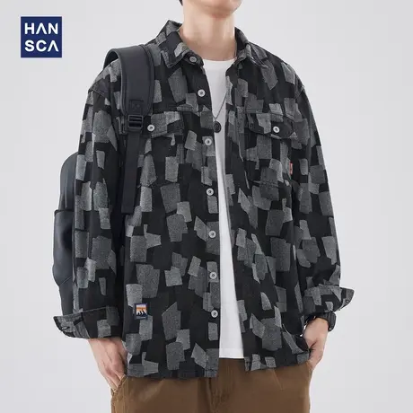 hansca美式翻领长袖衬衫男春季新款水洗提花做旧宽松休闲衬衣外套商品大图
