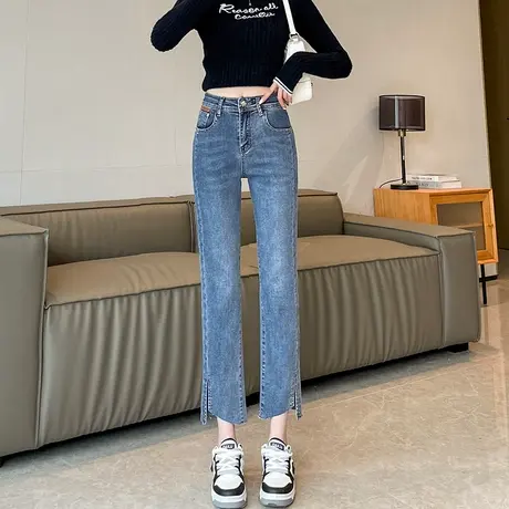 开叉小直筒牛仔裤女2024年春夏新款高腰显瘦八九分小个子烟管裤子商品大图