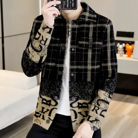 新款高端潮流冬装男士外套秋冬季仿貂绒夹克加厚保暖男装短款大衣商品大图