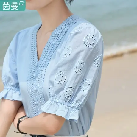 【南法假日】茵曼复古短袖衬衫女2024年夏季新款蕾丝花边V领衬衣图片