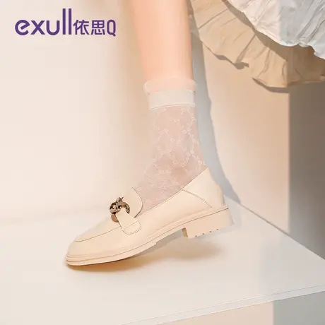 依思Q小皮鞋女2023冬季新款英伦风浅口软皮单鞋白色一脚蹬乐福鞋商品大图
