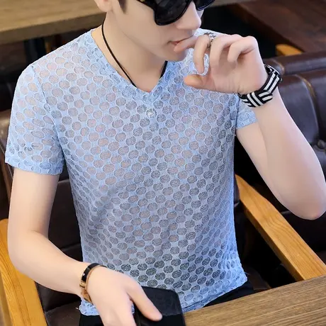 镂空网眼透气短袖V领男士夏季薄款潮牌冰丝顺滑T恤男修身弹力短袖商品大图