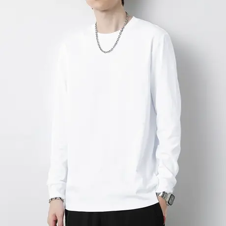 240G重磅纯棉t恤男士长袖宽松纯色白色圆领上衣服秋季内搭打底衫商品大图