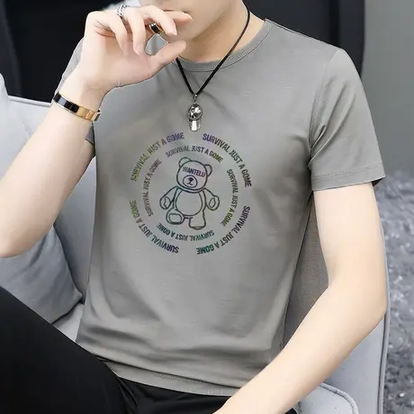 莫代尔短袖t恤男装夏季潮流小熊圆领上衣服冰丝速干凉感半袖体恤商品大图