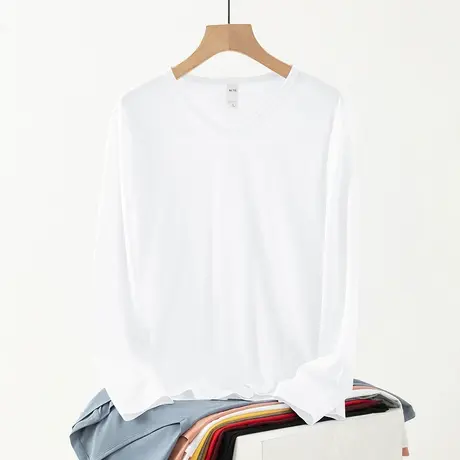 莫代尔棉长袖t恤男V领秋季小衫纯色白色打底衫内搭上衣服潮流秋衣商品大图
