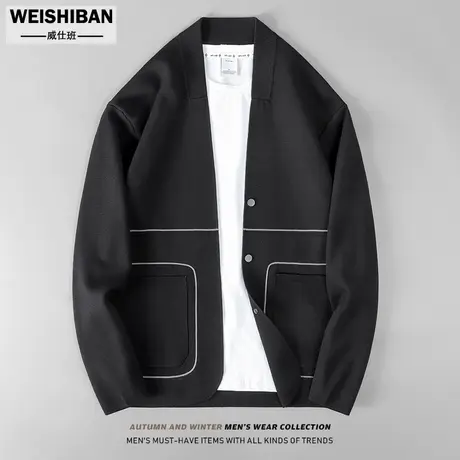 秋季2022新款缉明线无领针织开衫外套男潮流休闲工装痞帅V领线衣商品大图