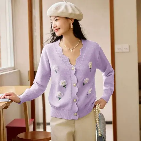 时尚气质长袖毛衣开衫2023年秋季新款淑女温柔甜美V领显瘦上衣商品大图