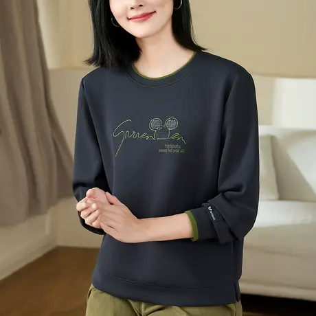 正肩圆领卫衣女春秋季2023年新款时髦刺绣休闲上衣洋气减龄薄外套图片