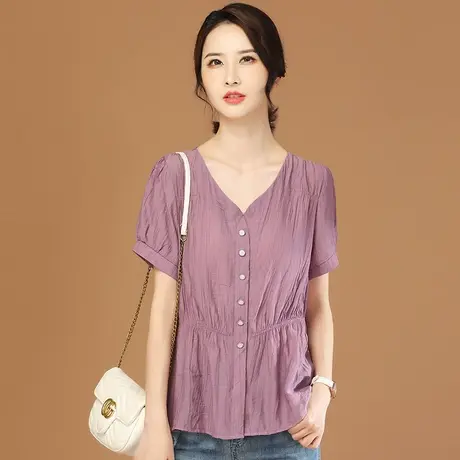 韩潮袭人高级感V领休闲短袖衬衫女2023夏新款套头设计感薄款衬衣商品大图
