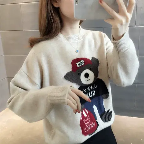 圆领套头减龄洋气毛衣女2023秋冬新款卡通小熊冬季内搭打底衫可爱商品大图