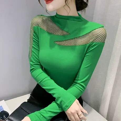 半高领气质打底衫女春装洋气内搭紧身上衣烫钻性感镂空长袖T恤女商品大图