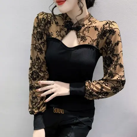 复古盘扣立领打底衫女春秋性感镂空网纱拼接T恤洋气修身长袖上衣图片