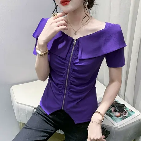 设计感一字领T恤女短袖网红个性拉链上衣洋气开叉收腰半袖小衫夏商品大图