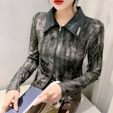欧货高腰短款拉链开衫女设计感小众PU拼接上衣长袖收腰紧身长袖秋图片
