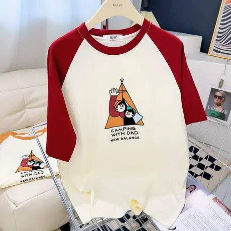 韩国东大门ins清新原宿风拼色上衣夏季复古chic港风短袖T恤宽松图片