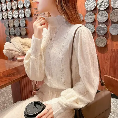 秋冬季韩系蕾丝打底衫女半高领气质小衫时髦高端毛绒长袖内搭上衣图片