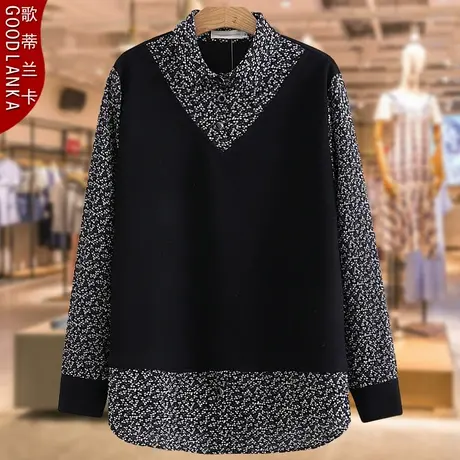 加肥加大码中年妈妈春装长袖打底T恤宽松时尚碎花拼接假两件上衣商品大图