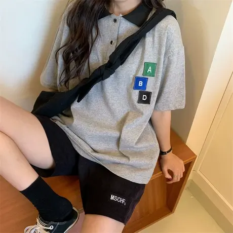 网红短袖t恤女2020韩版宽松ins原宿bf慵懒风百搭翻领polo衫上衣潮商品大图