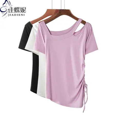 夏季新款韩版莫代尔修身显瘦抽绳小心机斜领露肩短袖体恤上衣女商品大图