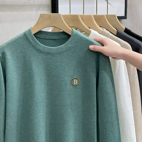 秋冬季欧洲站烫钻圆领针织毛衣男宽松休闲净色男士打底衫长袖T恤商品大图