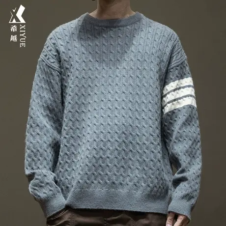 日系三条杠撞色拼接毛衣男7针800g重磅春秋宽松大码打底针织衫潮商品大图