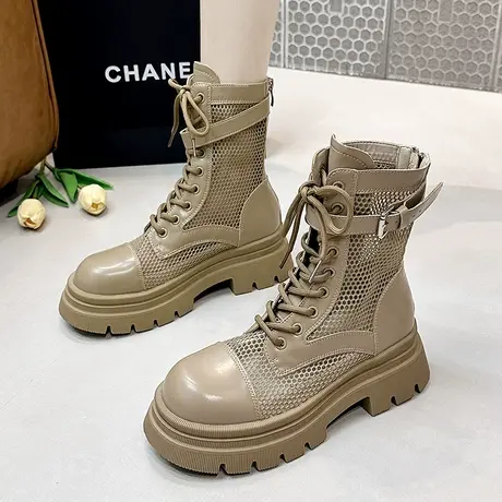 网靴镂空马丁靴女夏季薄款2023年新款透气网纱短靴英伦风系带短靴图片