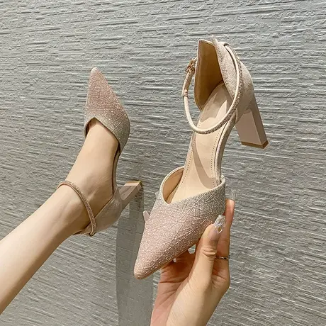 一字带尖头渐变高跟鞋女细跟2022年夏季新款时尚水钻百搭中空凉鞋图片