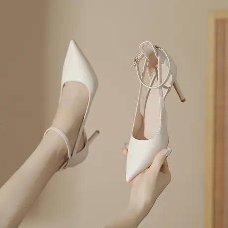 白色高跟鞋女细跟2023年新款秋季气质尖头水钻一字扣带尖头单鞋图片