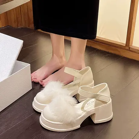 高跟鞋女2023夏季毛毛包头粗跟一字扣带法式气质配裙子仙女风单鞋商品大图