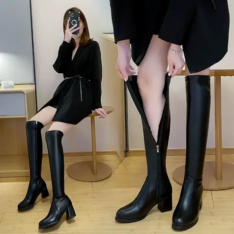 过膝长筒靴女靴子女2023新款秋冬粗跟高跟骑士靴高筒瘦瘦靴长靴子图片