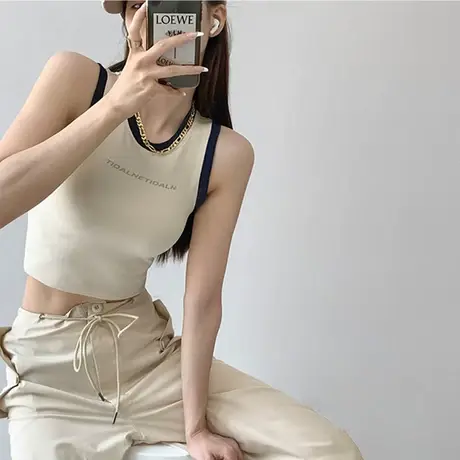 运动背心女夏季带胸垫一体遮肉外穿美背短款辣妹吊带无袖打底上衣商品大图