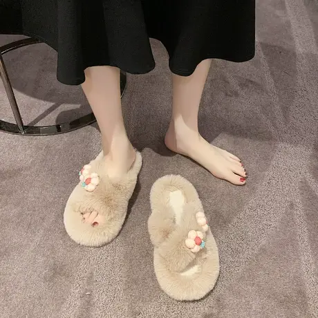 可爱少女心花朵毛毛拖鞋女2024新款秋冬季网红防滑居家交叉棉拖鞋图片