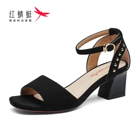 红蜻蜓女鞋女凉鞋夏季舒适粗跟中跟绒面软皮软底百搭时尚工作鞋商品大图
