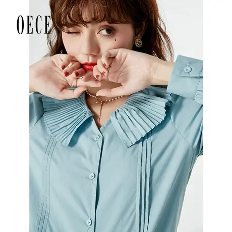 Oece早秋气质衬衫新款女风琴褶娃娃领上衣长袖衬衣商品大图