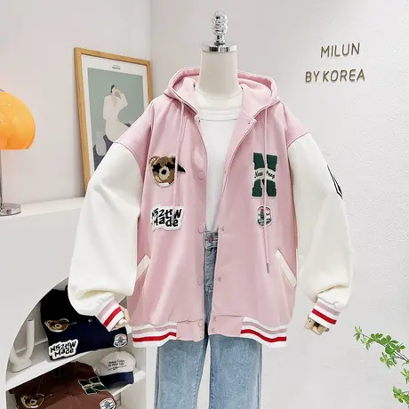 秋冬款学院风刺绣字母小熊连帽外套韩版复古美式开衫上衣宽松大码图片