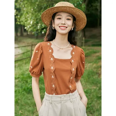茵曼小众设计感波浪边绣花门襟T恤2023夏女装新款方领泡泡袖上衣商品大图