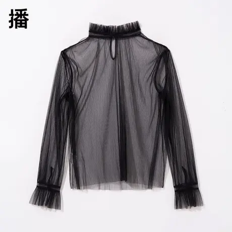 播2023秋季新款木耳边立领百褶荷叶边袖口网纱打底衫女BDP7HD9631商品大图