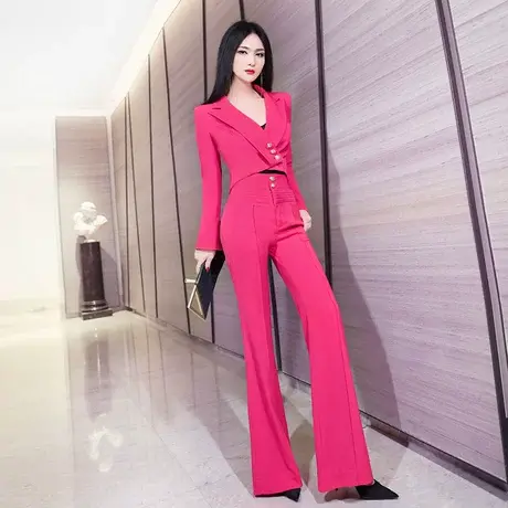 VJE早秋OL职业修身帅气西装套装女新款气质外套喇叭裤两件套图片
