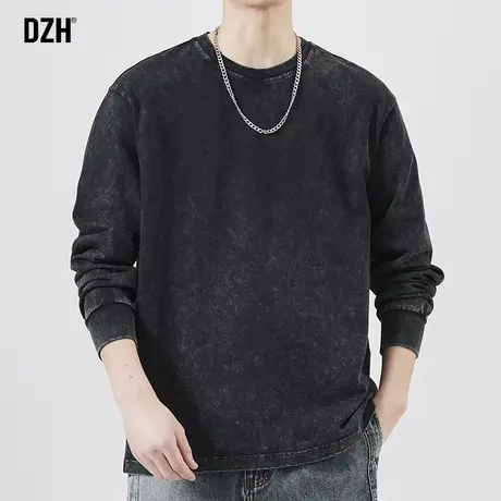 男士美式黑色长袖t恤男纯棉春秋潮流上衣圆领重磅卫衣2023年新款商品大图