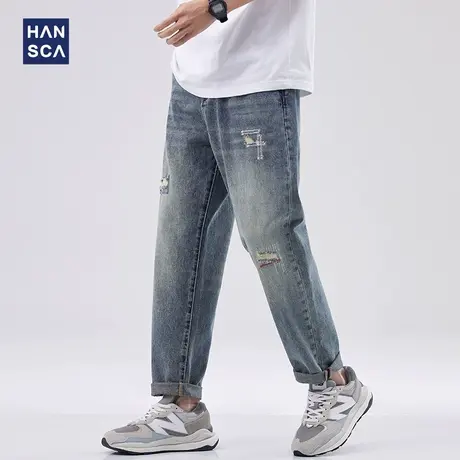 hansca破洞补丁直筒牛仔裤男夏季新款美式街头复古水洗宽松长裤子商品大图