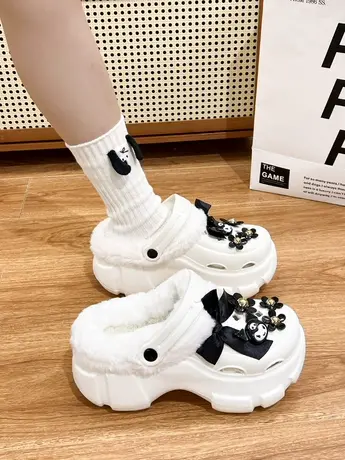 洞洞鞋加绒棉拖鞋女士秋冬季2023新款防滑加厚底毛绒保暖外穿棉拖商品大图