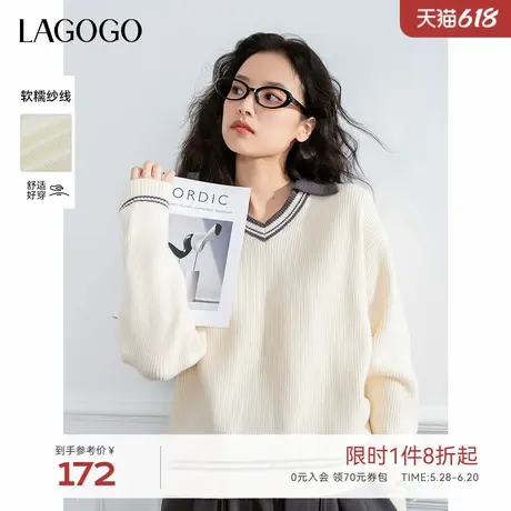 LAGOGO休闲宽松V领针织衫女拉谷谷2024年冬新款条纹撞色软糯毛衣商品大图