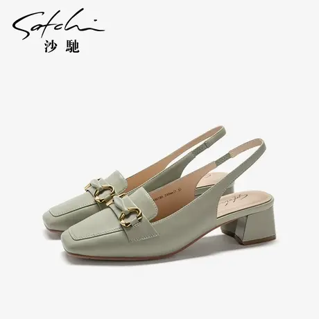 【品牌特卖】沙驰包头半凉鞋女粗跟方头夏季羊皮优雅法式后空单鞋图片