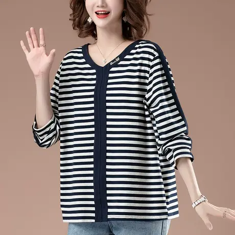 条纹长袖t恤女春秋加肥加大码女装宽松百搭休闲减龄全棉打底衫女商品大图