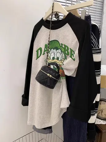 胖mm撞色圆领插肩长袖T恤女秋季内搭打底衫ins潮大码宽松纯棉上衣商品大图