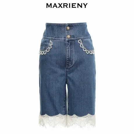【奥莱】MAXRIENY蕾丝短裤秋季女修身高腰牛仔裤洋气图片